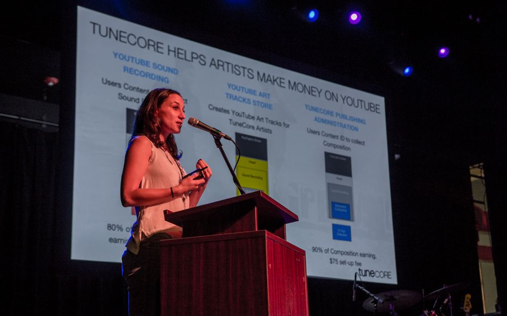 Director of Video Camille Moussard breaking down how to earn revenue on YouTube during "TuneCore Presents" in conjunction with Austin Music Foundation